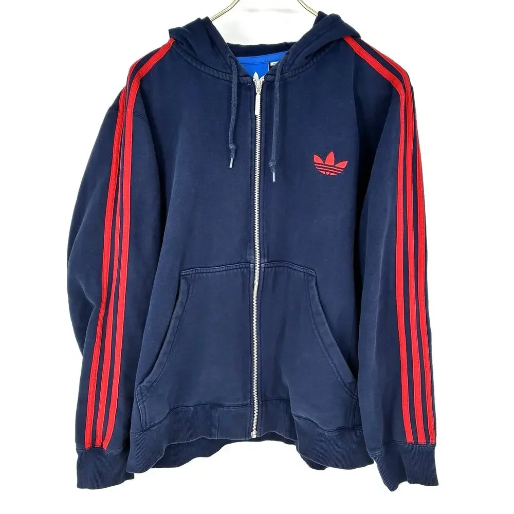 Adidas Originals Trefoil Full Zip Hoodie Navy Red 3 Stripe Men's Large VTG